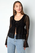 Woven Lace Women's Long Sleeve Top Elegant Ruffle Detail