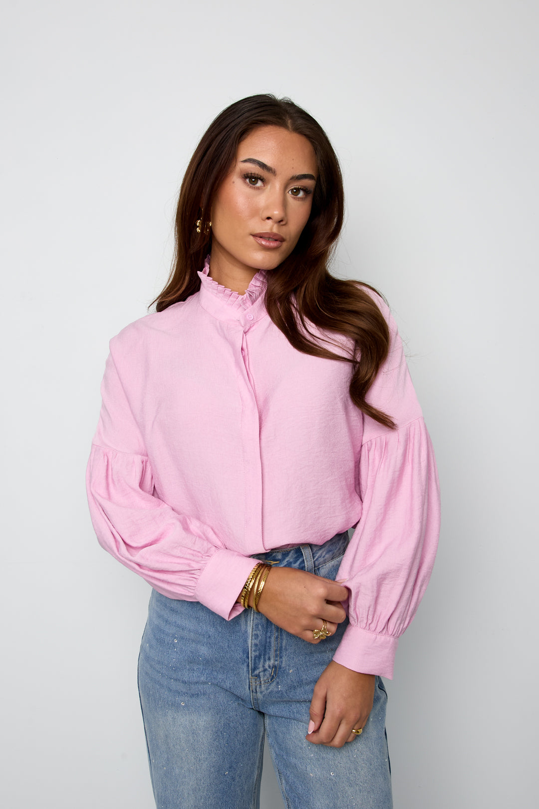 Viscose Women's Blouse Puff Sleeve High Neck