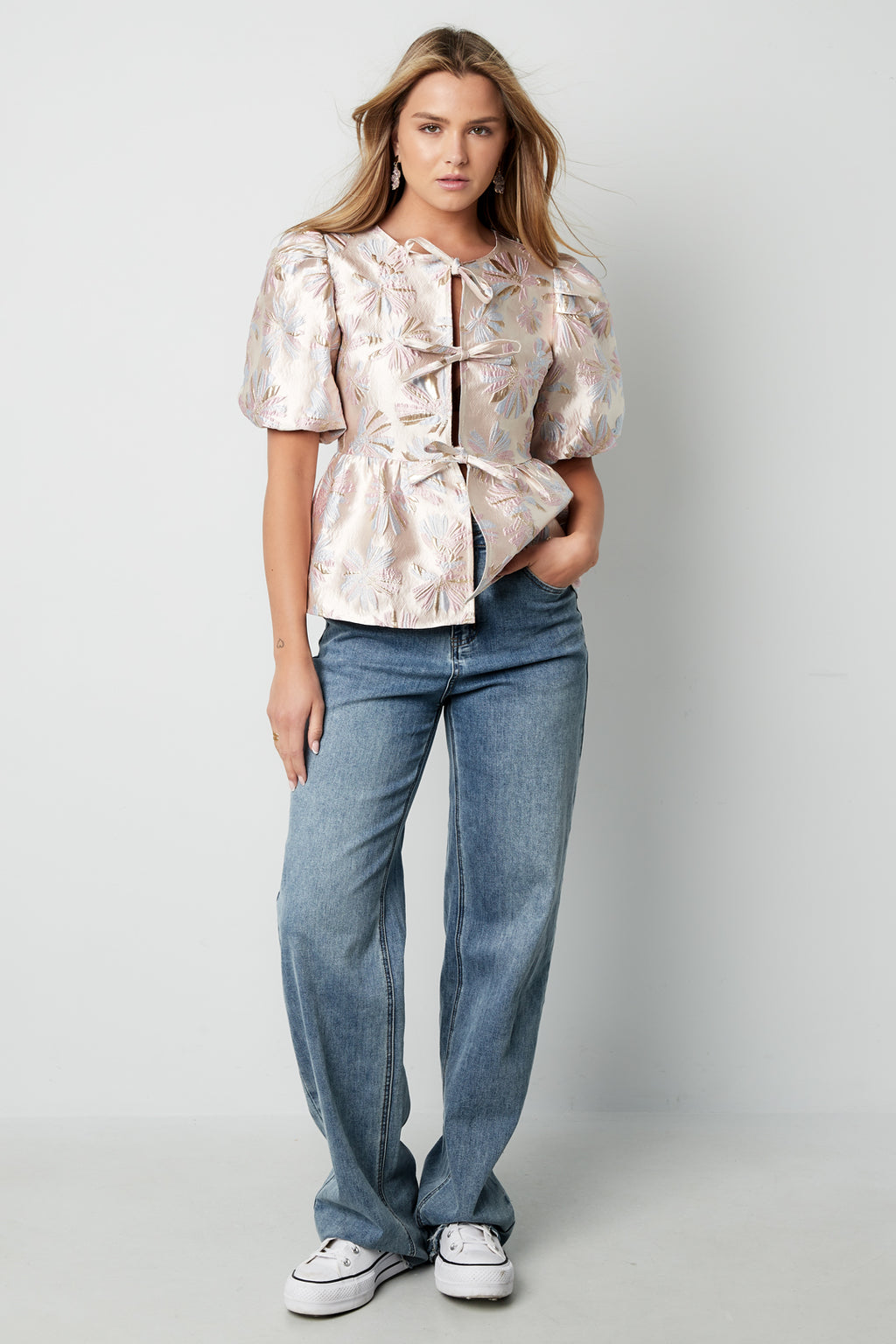 Woven Polyester Fiber Women's Short Sleeve Top Elegant Floral Print