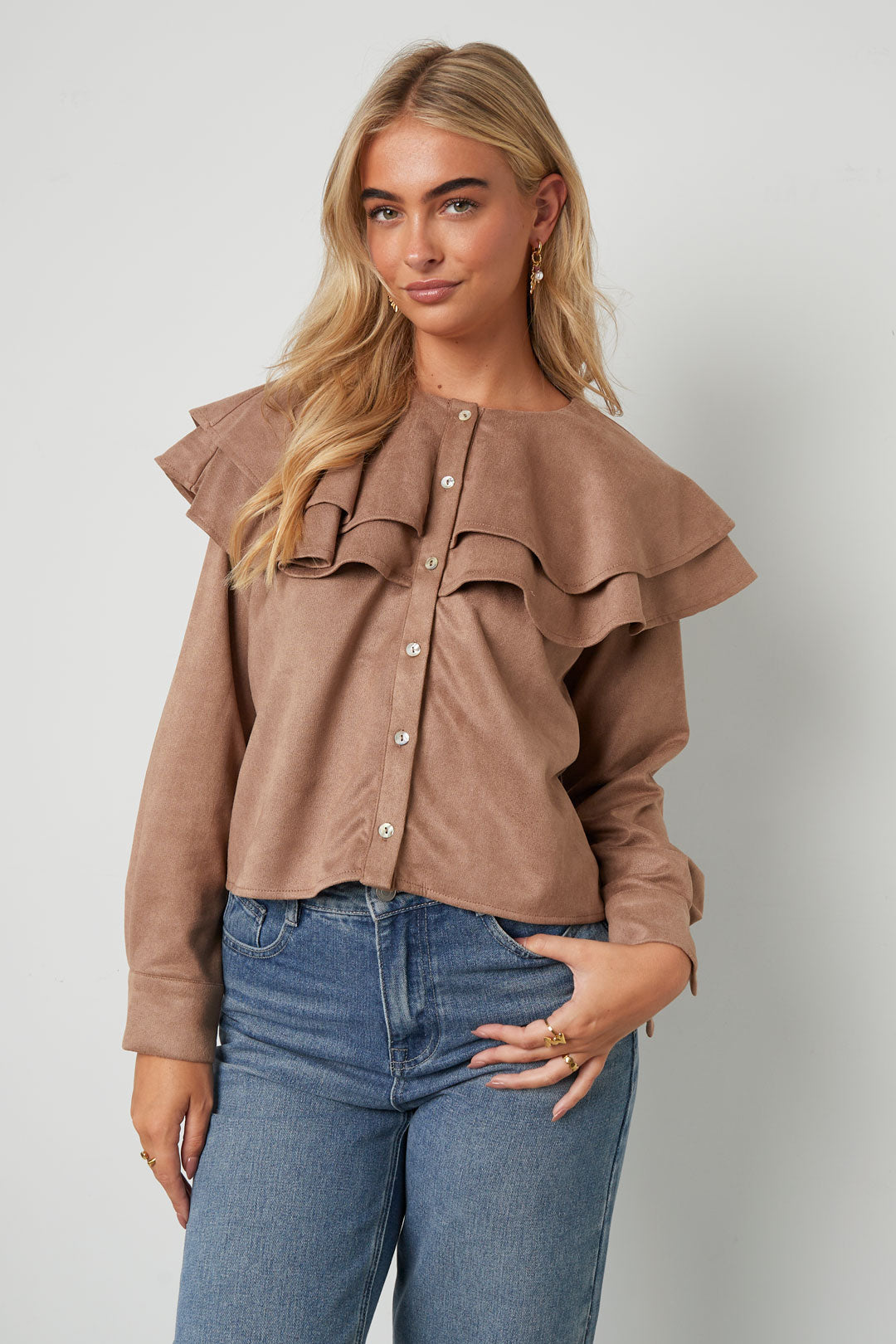 Woven Polyester Fiber Women's Blouse Elegant Ruffle Trim