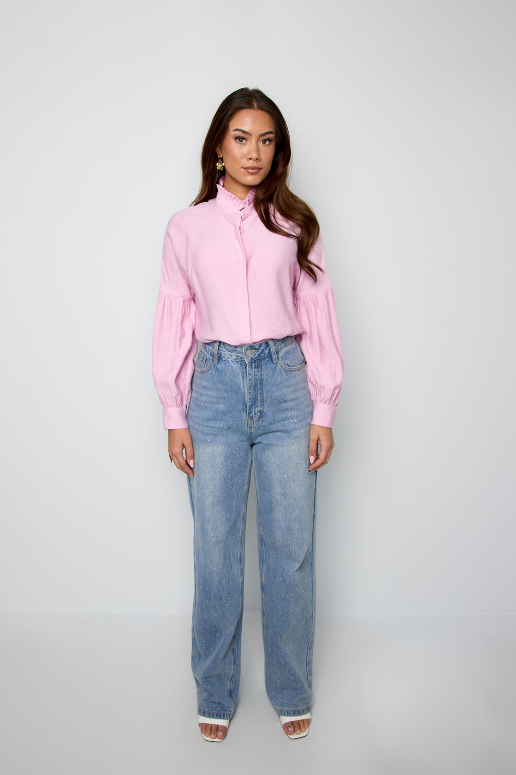 Viscose Women's Blouse Puff Sleeve High Neck