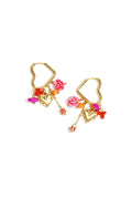 Heart-shaped hoop earrings with beaded pendants and charms
