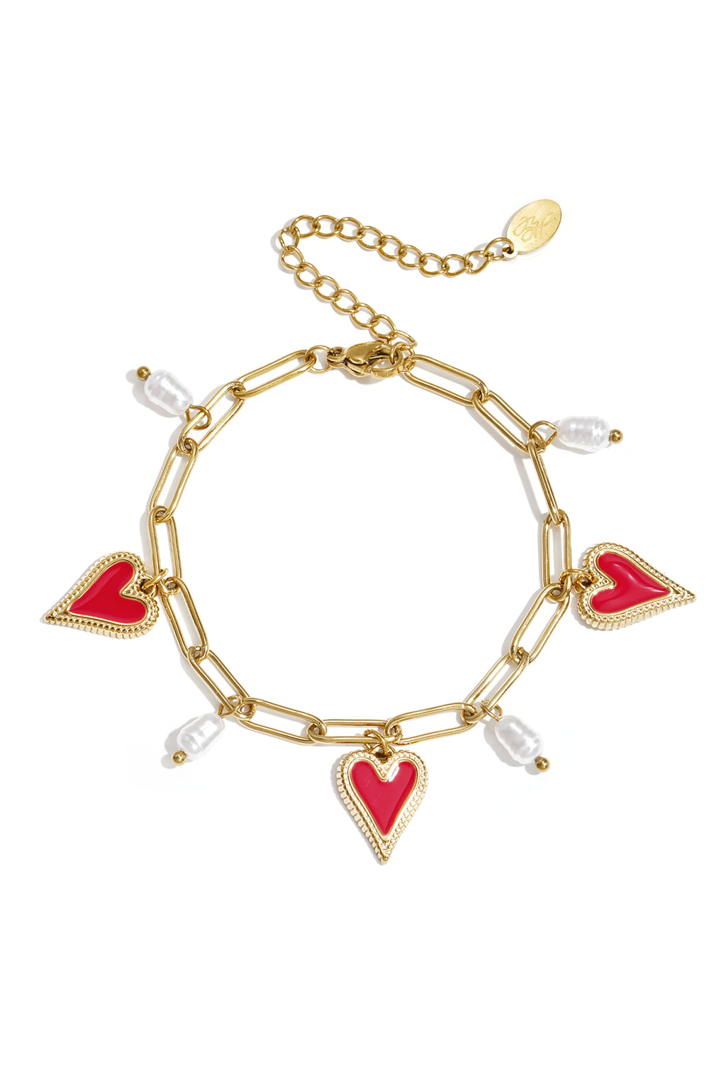 Link bracelet with pearls and heart charms